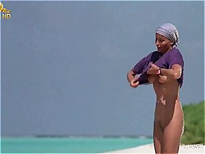 wonderful Bo Derek showcasing off her unshaved pussy at the beach